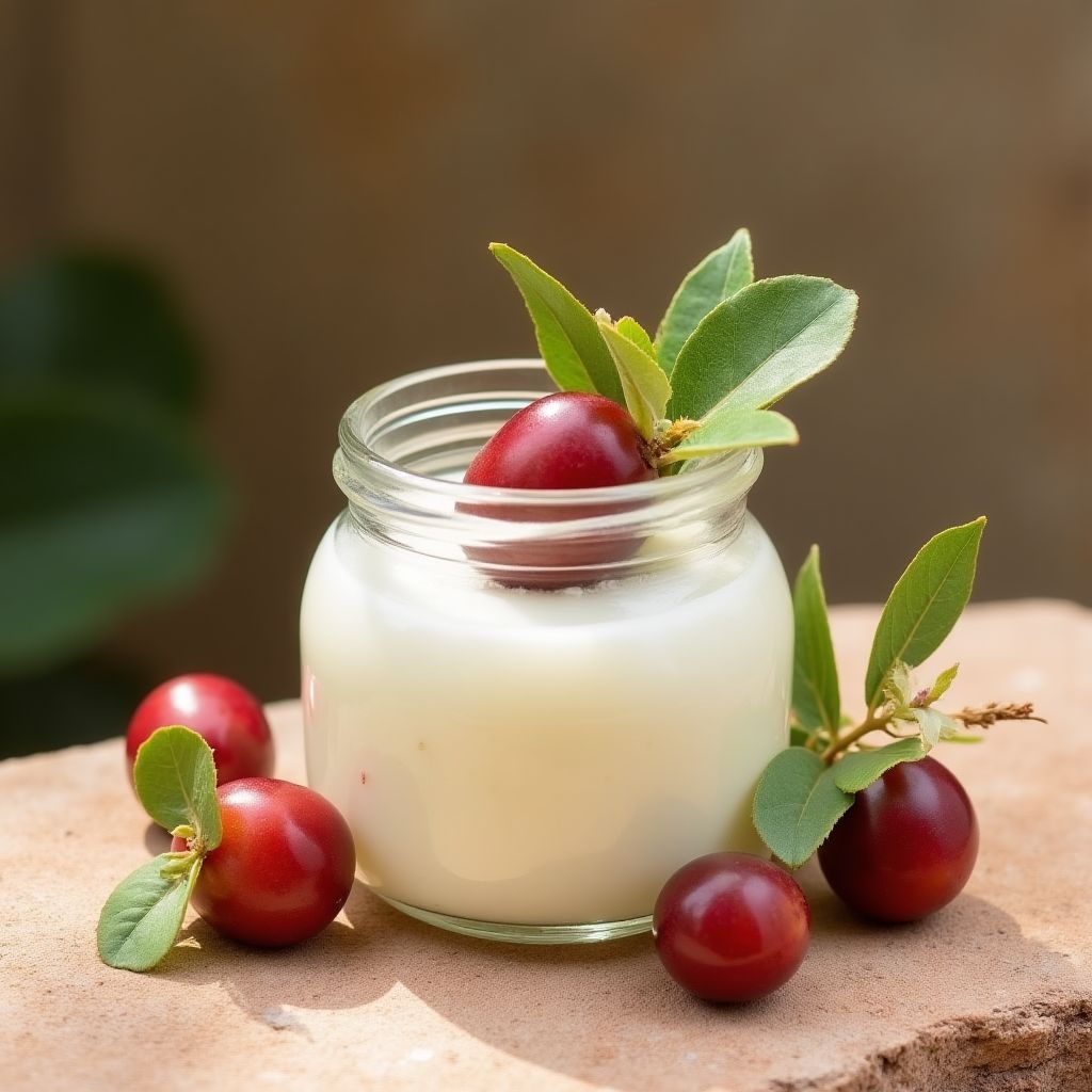 Kakadu Plum Cream in glass jar with fruit