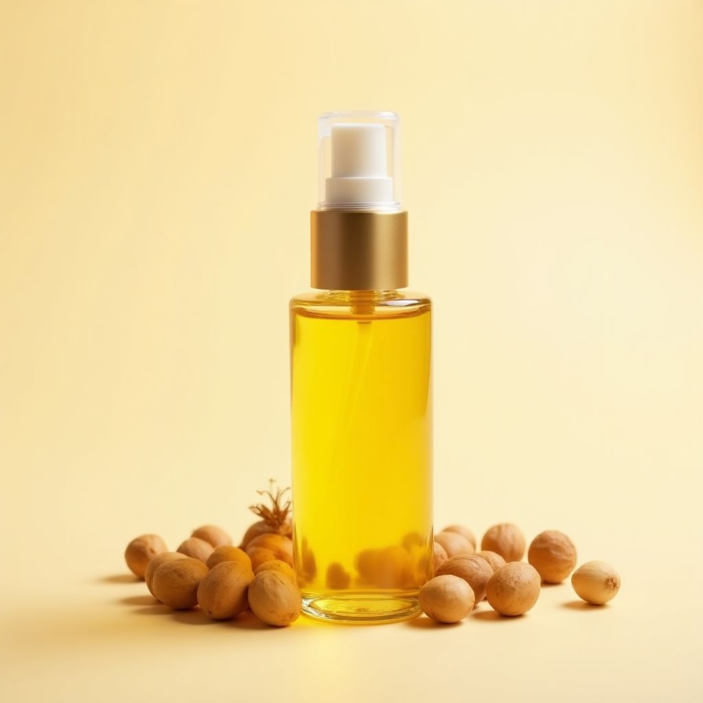 Macadamia Oil Bottle with macadamia nuts