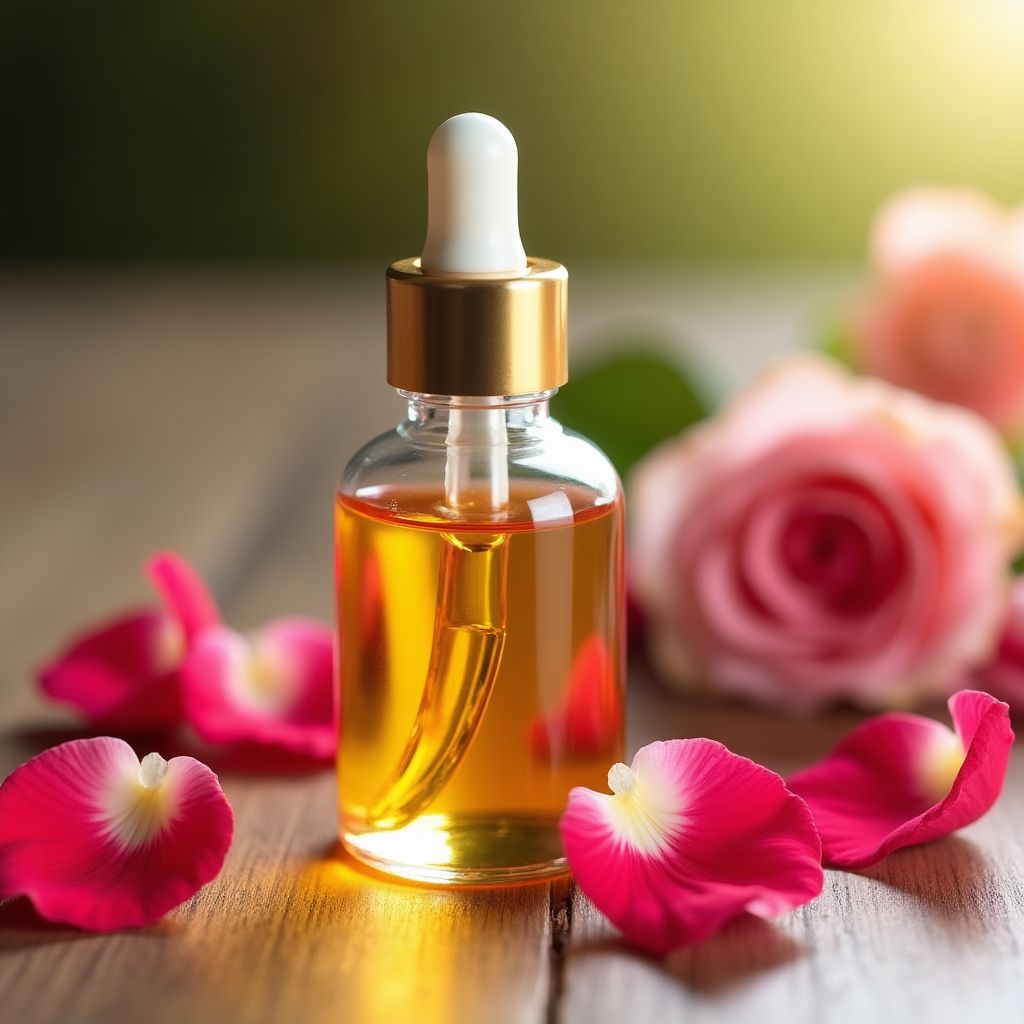Rosehip Oil Bottle with droplets and rose petals