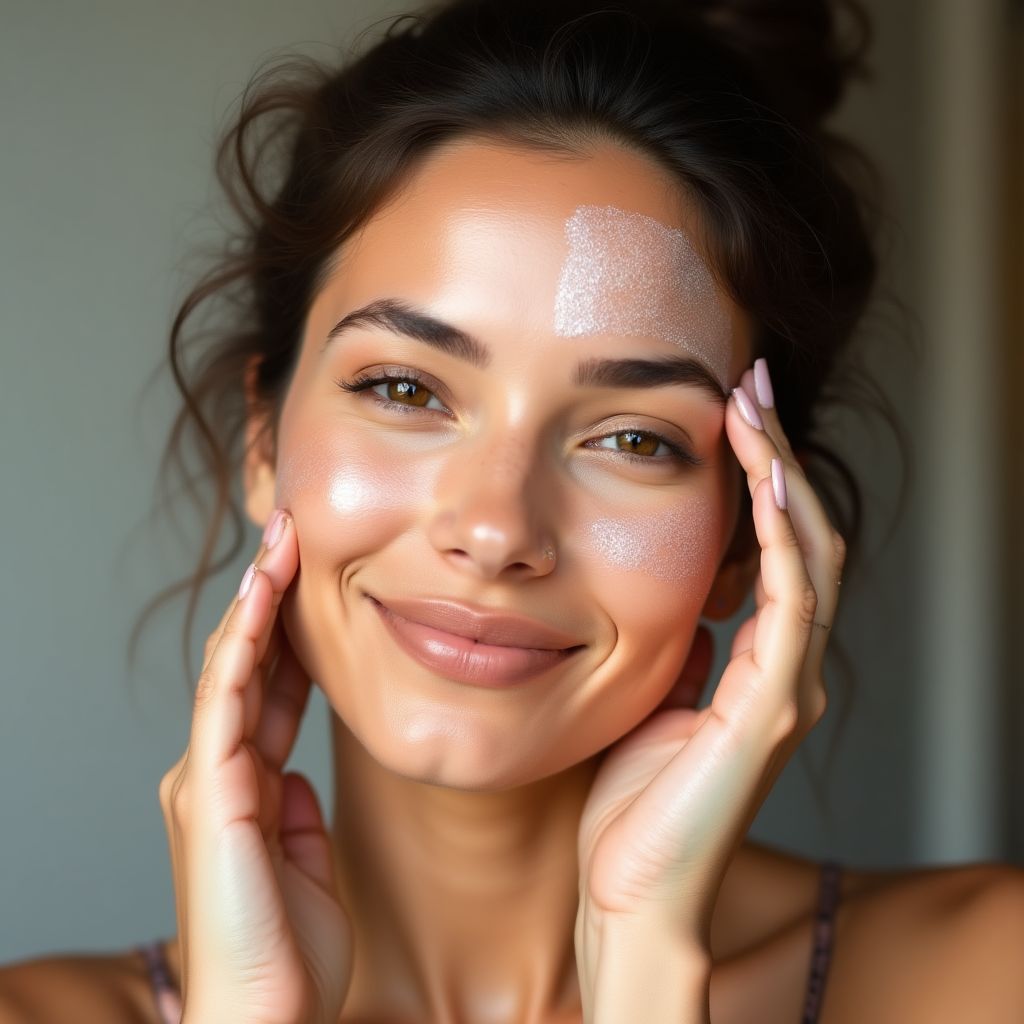 Woman applying natural skincare products in sequence