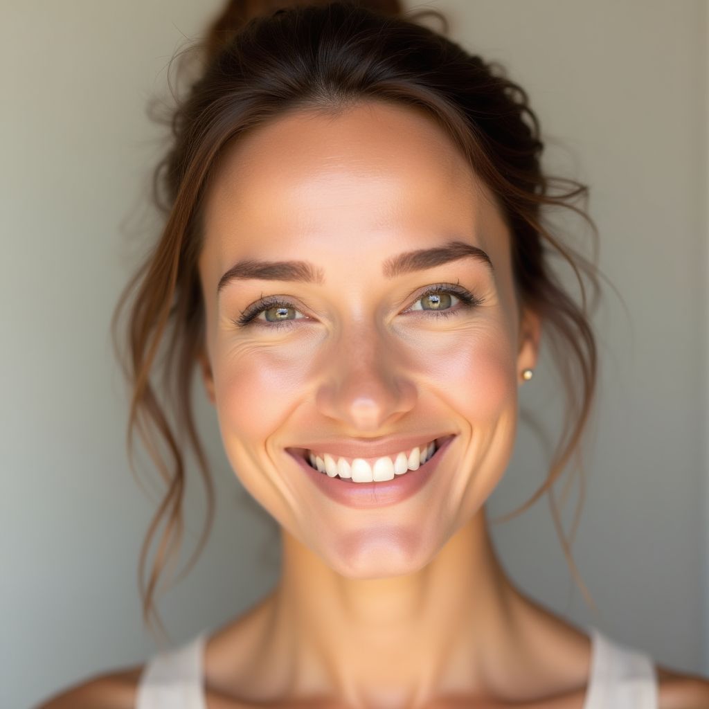 Woman with clear glowing skin smiling at camera